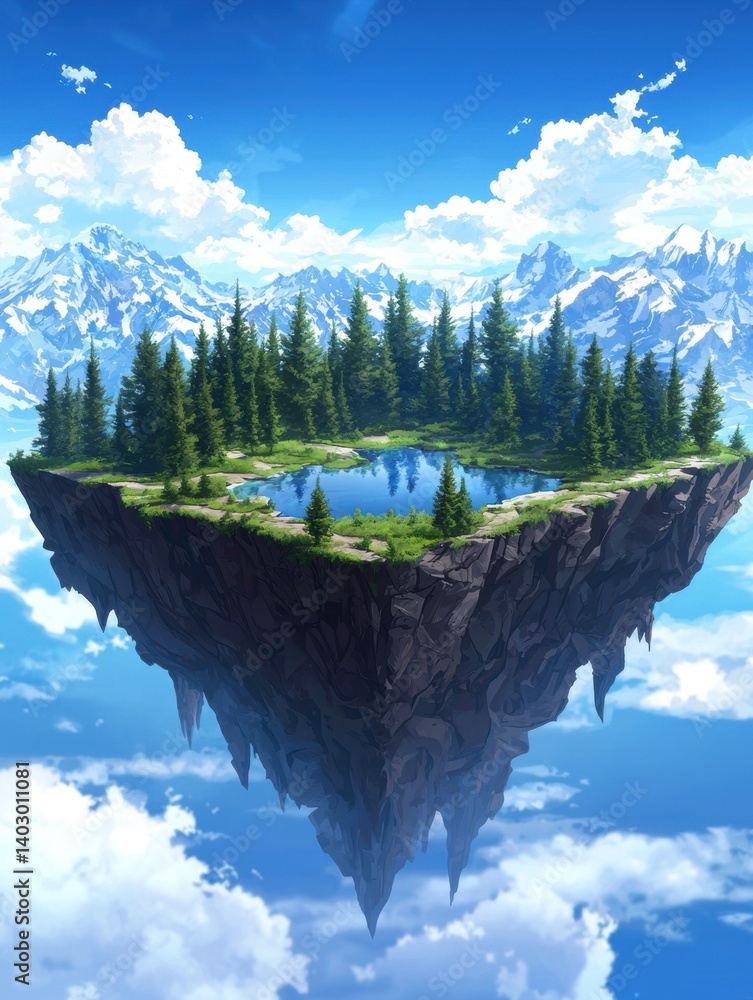 Poster a floating island with a forest and lake, surrounded by clouds and mountains.
