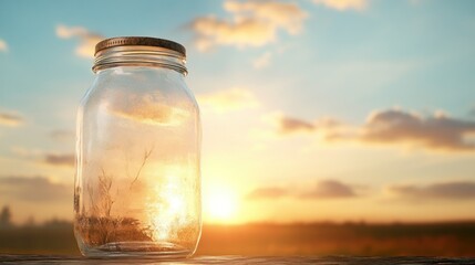 A clear glass jar sitting on a wooden surface outdoors