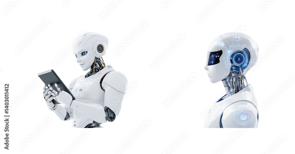 Aufkleber robots engaging with tablets and interactive communication devices 3d illustration