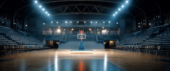 Empty basketball arena, spotlights illuminate court