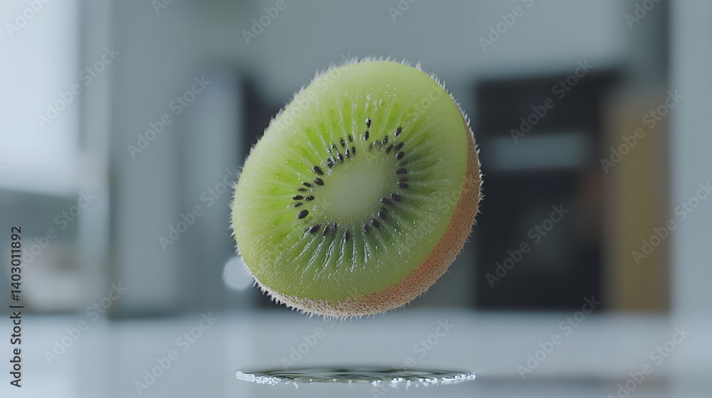 Poster a perfectly sliced kiwi fruit hovers above a water surface, creating a refreshing and visually appea