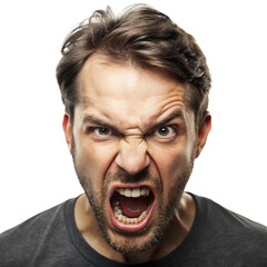 Man yelling in extreme anger, isolated on white, showcasing raw emotion, frustration, and rage in a highly expressive manner.