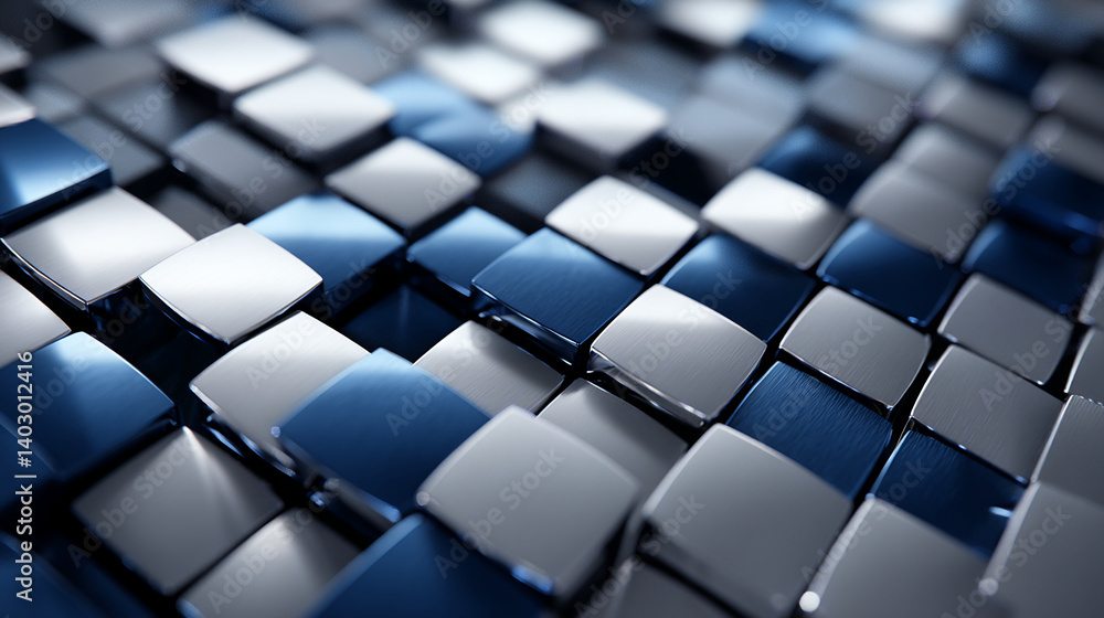 Poster close-up of metallic cubes, silver and blue, creating a textured, geometric pattern, showcasing a mo