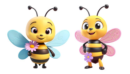 3d rendering cute bee cartoon characters isolated on transparent background, PNG file add