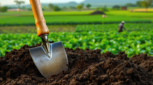 Farming Tool Shovel on Rich Soil with Endless Fields in View