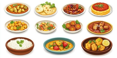 White background showcasing a complete Indian thali meal set.