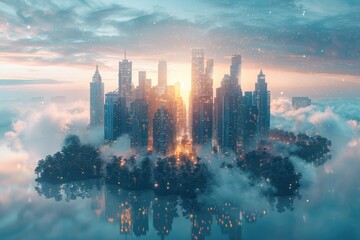 A futuristic cityscape floating above the clouds during the sunset