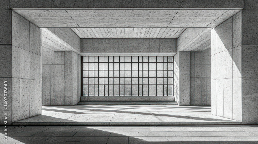 Poster a modern architectural structure features concrete walls and a large window