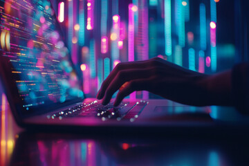 Night coding session vibrant lights illuminating keyboard glowing screen intense focus