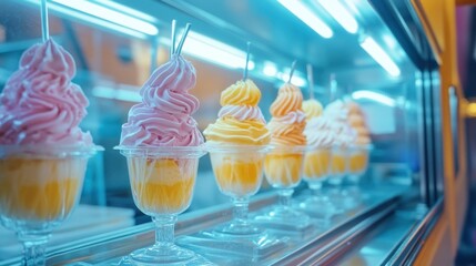 Several colorful layered desserts are displayed in a refrigerated cabinet