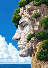 A surreal landscape featuring a large head with a cityscape nestled within it, set against a backdrop of a blue sky and ocean.