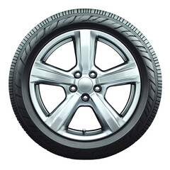 Obraz premium Silver Five-Spoke Alloy Car Wheel with Rubber Tire and Tread Detail on White Background