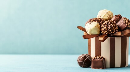 An elegant gift box filled with assorted chocolates in various shapes and sizes, perfect for any occasion and bound to delight chocolate lovers with its visual appeal.