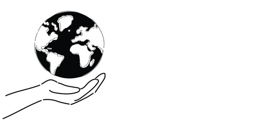 save hand black with white combo earth globe illustration with copyspace on white background, Black White Globe,Monochrome Globe isolated background, space for message, template background