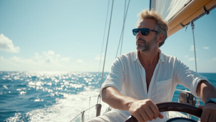 A handsome man confidently steers a sailboat across the open sea under a clear blue sky, embracing the freedom, adventure, and tranquility of ocean sailing.