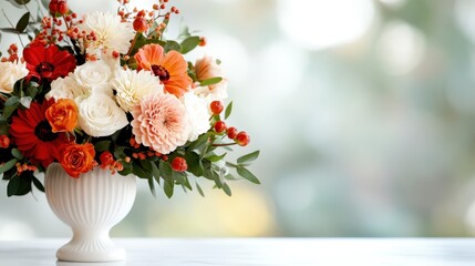 Naklejka premium A lively and colorful bouquet of orange and white flowers, crafted beautifully in a classic vase, adding a touch of warmth and vibrancy to any setting or occasion.