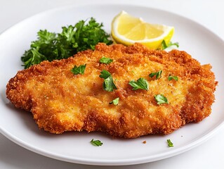 Crispy breaded cutlet with lemon and parsley.  A perfectly cooked breaded cutlet, golden brown and crispy.  Fresh parsley and a wedge of lemon complete the dish