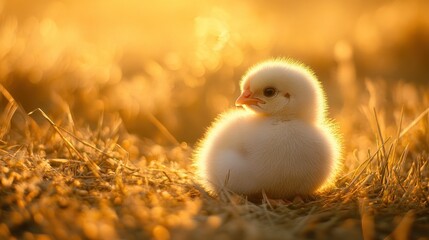 A Fluffy Yellow Chick Resting in Golden Warm Morning Light