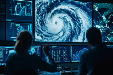 Intense Hurricane Monitoring Team Tracking Storm Data Analyzing Charts