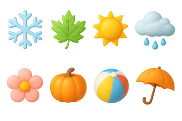 Vibrant 3d seasonal icons set: snowflake, leaf, sun, cloud, flower, pumpkin, beach ball, umbrella