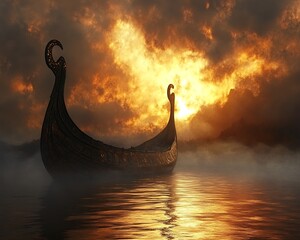 Obraz premium Viking Longship Sunset Scene