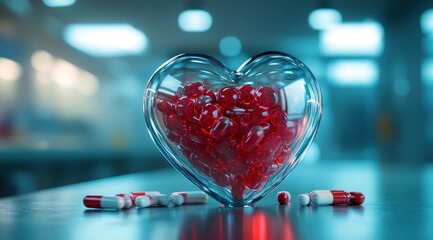 A heart-shaped glass object holds red and white capsules, resting on a table in a modern, well-lit space