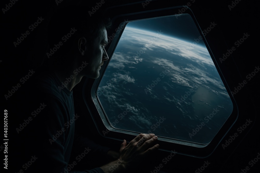 Poster gazing at earth from a spacecraft window during a serene space journey high above the clouds generat