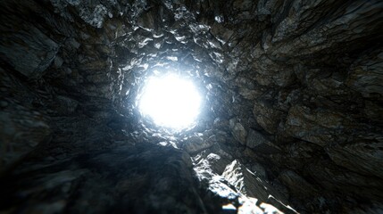 A cave with a bright light at the top.