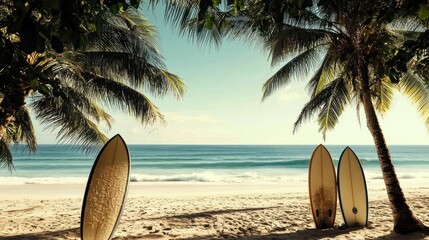 Surfboards stand on a sandy beach near the ocean under palm trees