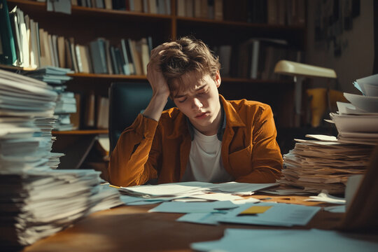 Overwhelmed student studying surrounded by papers feeling stressed