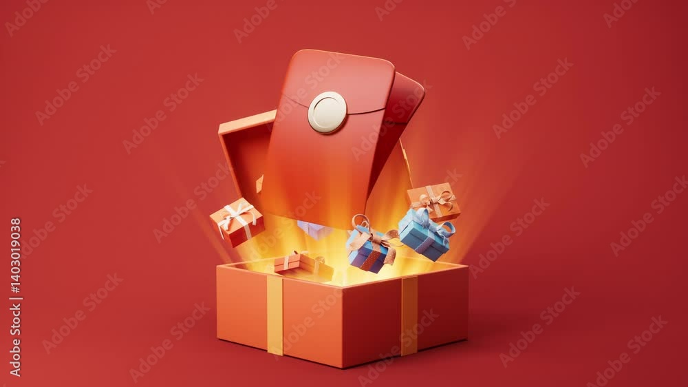 Poster mobile phone with red packet on it, 3d rendering.