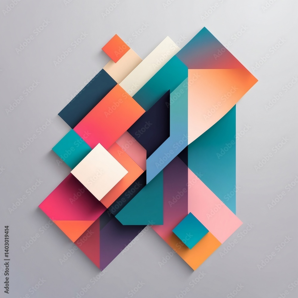 Poster an abstract and colorful composition of geometric shapes. The image showcases a collection of layered shapes and color palettes, which offers a unique visual appeal 