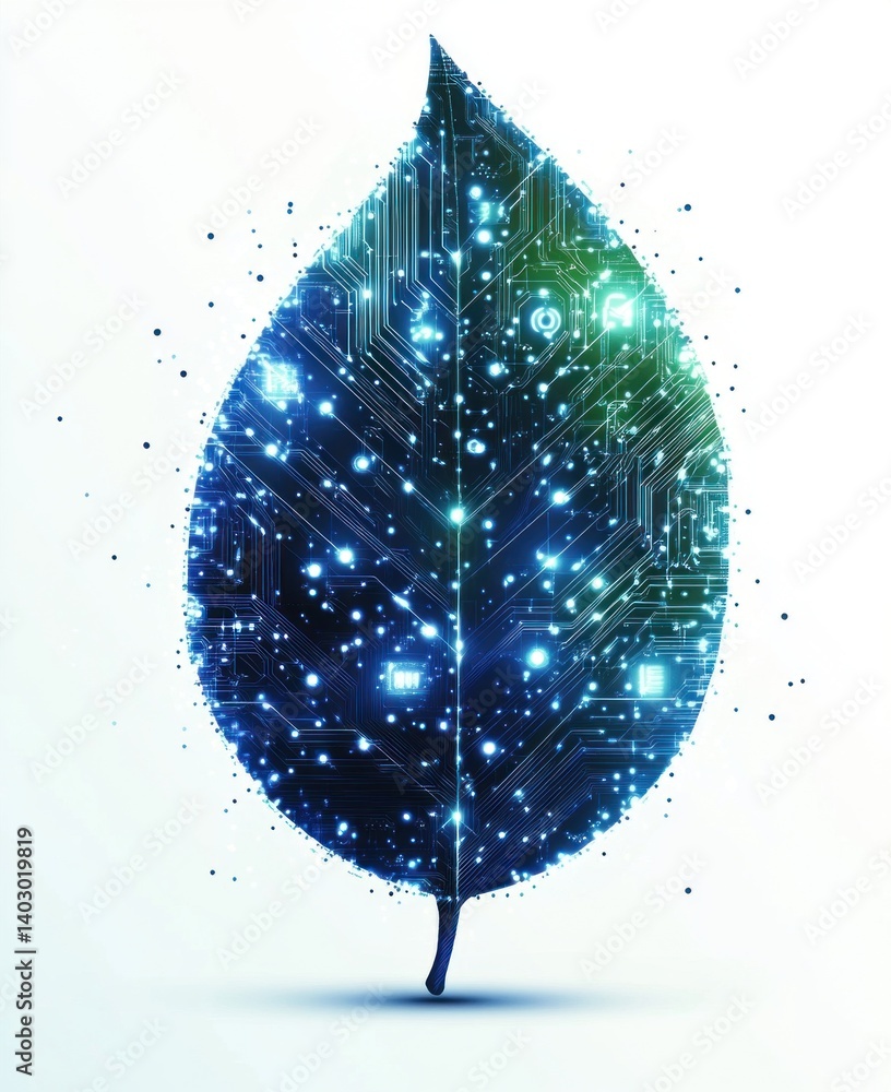Poster a colorful representation of a digital leaf merging nature with technology through intricate circuit