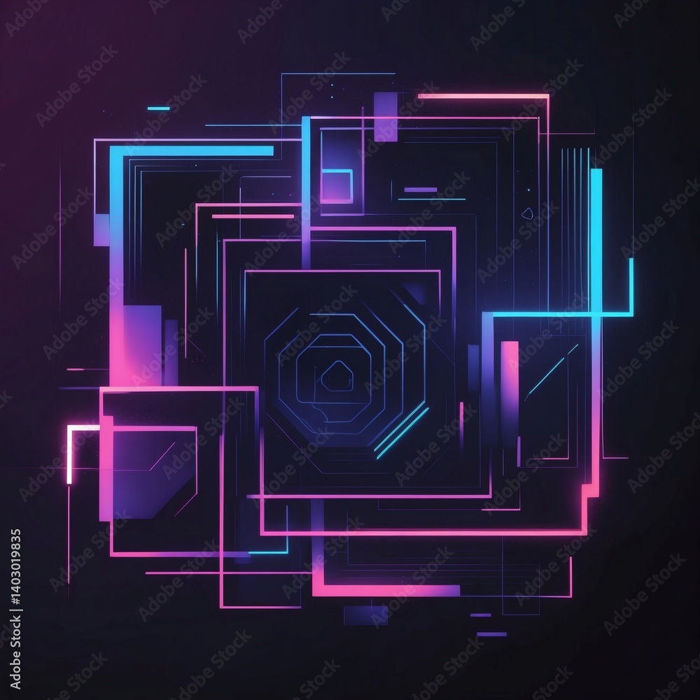 Poster abstract neon geometric shapes glowing in dark background. pink and blue lines form a complex patter