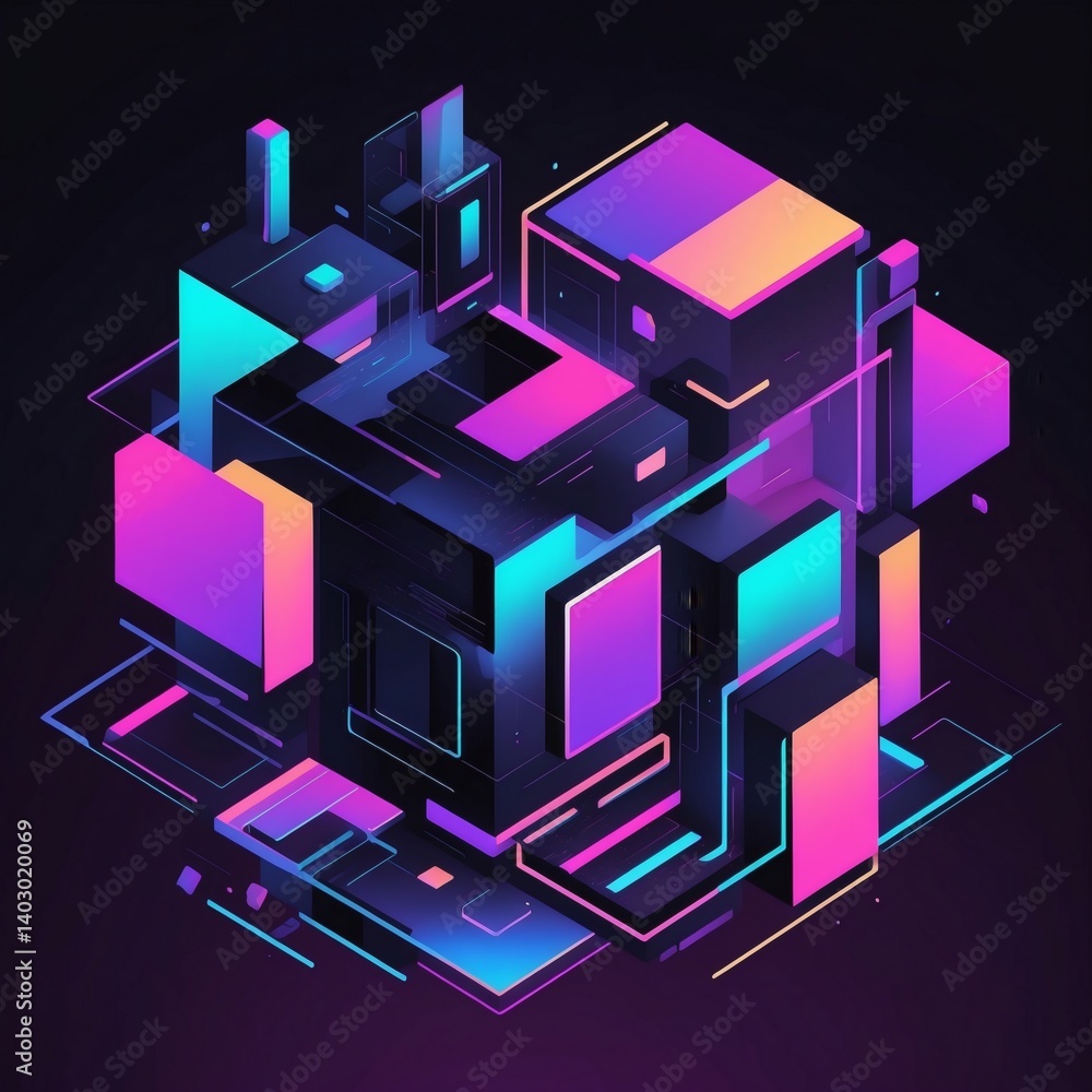 Poster futuristic, technological abstract 3d cube, displaying a mesmerizing interplay of vibrant colors and intricate geometric forms