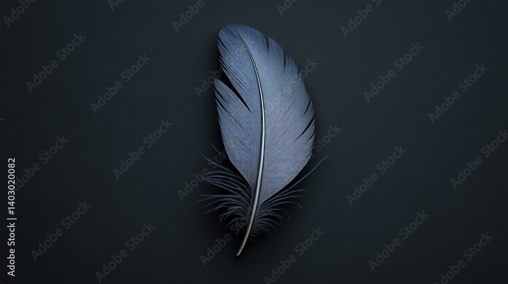 Poster dark, elegant feather on a dark background. detailed close-up view of a single, deep blue-gray feath
