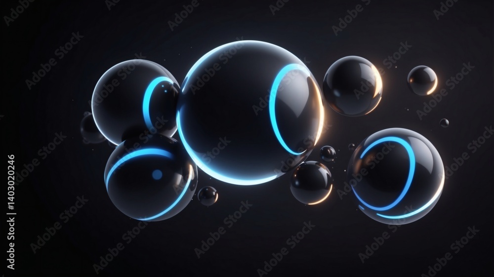 Poster abstract spheres with neon blue rings, floating in dark space. the image has a futuristic and techno