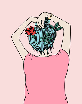 Graceful Woman with Blue Hair and Flowers Illustration