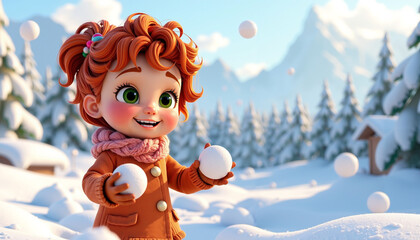 Excited little girl with curly red hair playing in the snow making snowballs in a winter wonderland