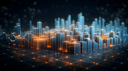 A futuristic cityscape of glowing data towers representing the vibrant pulse of a thriving digital economy with dynamic orange and blue light accents.