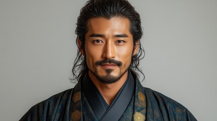 Fototapeta premium Portrait of a handsome man with long hair and traditional clothing