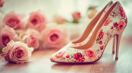 Floral Patterned High Heeled Shoes Beside Pink Roses