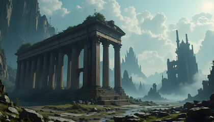 Obraz premium Cyberpunk Environment in Oil Painting Style Featuring Ancient Ruins