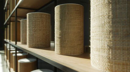 a recycled material product display in a sunny sustainable business showroom, warm natural afternoon light highlighting textures, eco-conscious branding