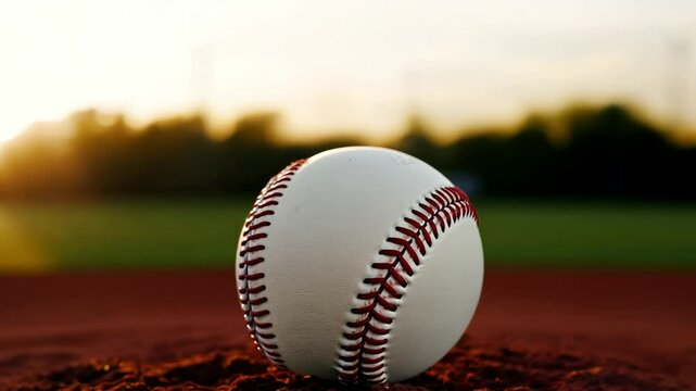 Baseball rests on pitcher's mound during golden hour