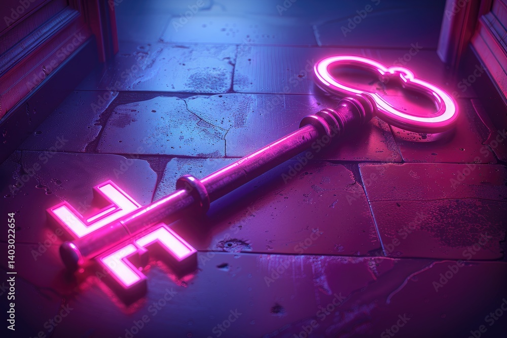Poster a glowing key rests on a weathered and textured surface