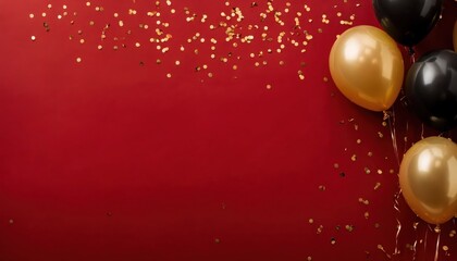 front view of black and golden balloons and confetti at the corners of plain solid red background. with empty copy space at middle