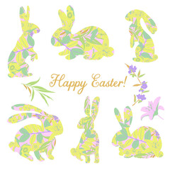 Easter vector illustration featuring decorative floral-patterned bunny silhouettes in pastel colours. Set of Easter isolated bunny decoration for holiday cards, decorations, and design projects.