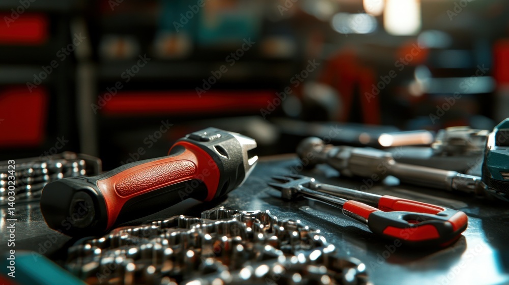 Aufkleber various tools arranged on a reflective surface for use
