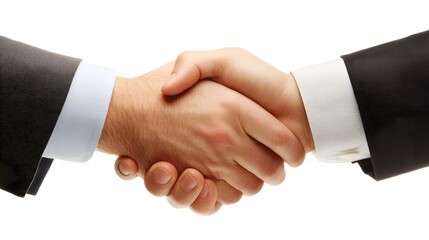 Business handshake symbolizing partnership, agreement, and trust. Two individuals in suits engaging in a professional gesture.